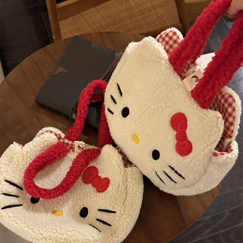 

Милая сумка Hello Kitty для осени и зимы, в клетку, с мультяшным рисунком, из овечьей шерсти, на запястье, для работы и поездок, женская сумка-органайзер, чехол-кошелек