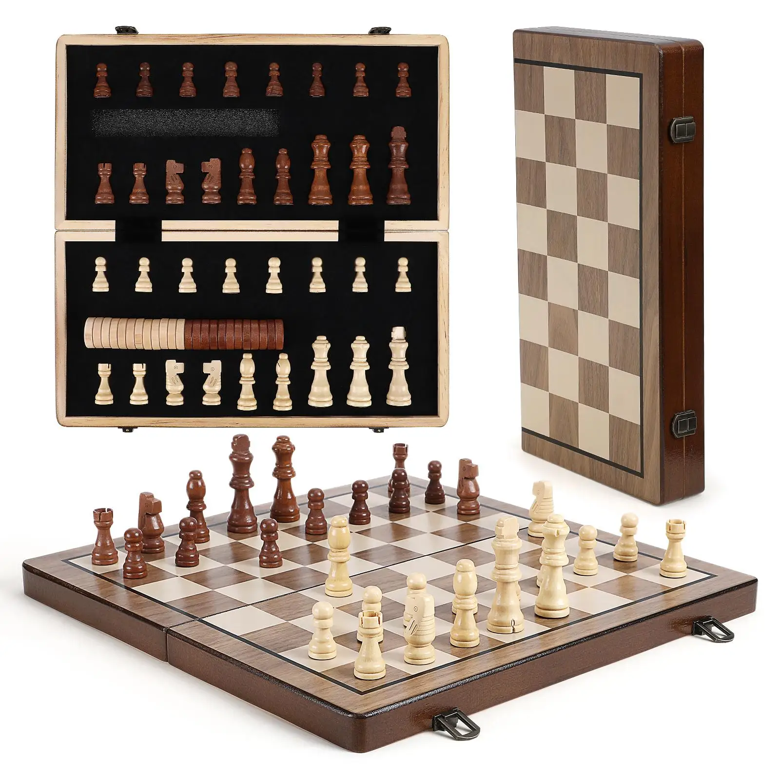

Wooden Travel Folding Board Chess Games Checkers Pieces Kids Wooden Chess Entertainment