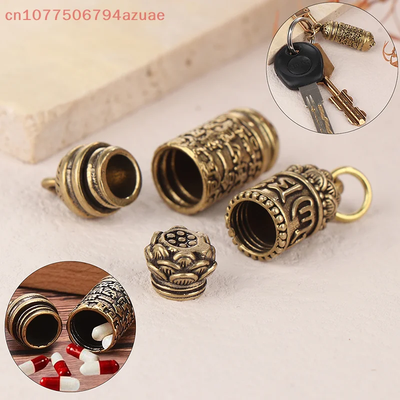 1PC Handmade Hollow Brass Buddha Sutra Cylinder Pendant Keychain Vintage Pill Box Container for Home Garden Decor