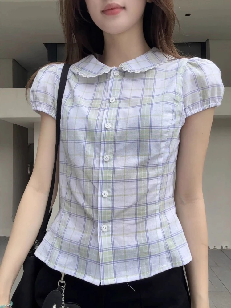 

Deeptown Kawaii Plaid Blouses Women Sweet Lace Peter Pan Collar Shirts Japanese Preppy Style Fashion Short Sleeve Tops Slim Up