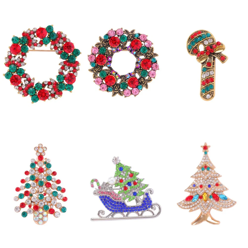 Glimmering Full Colorful Crystal Paved Christmas Lapel Pins Pretty Sleigh Tree Wreath Candy Canes Rhinestone Brooches Xmas Gift