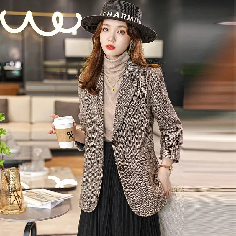 UNXX British Style Herringbone Texture Tweed Blazer Coat Retro Casual Solid Color Single-breasted Tweed Jackets Women Clothing