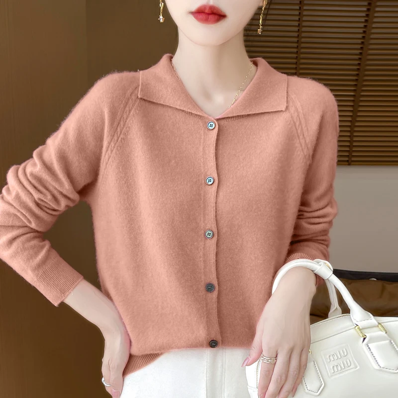 24 autumn and winter new cashmere sweater women\'s sweater 100% merino wool fashion lapel autumn warm cardigan top