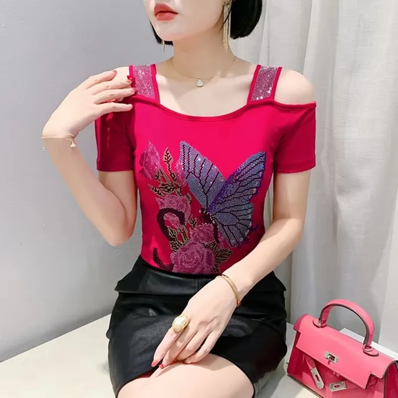 

New Streetwear Girl Summer Chic Clothes T-Shirt New Sexy Hot Diamonds Mesh Women Tops Shirts Short Sleeve Off Shoulder Tees