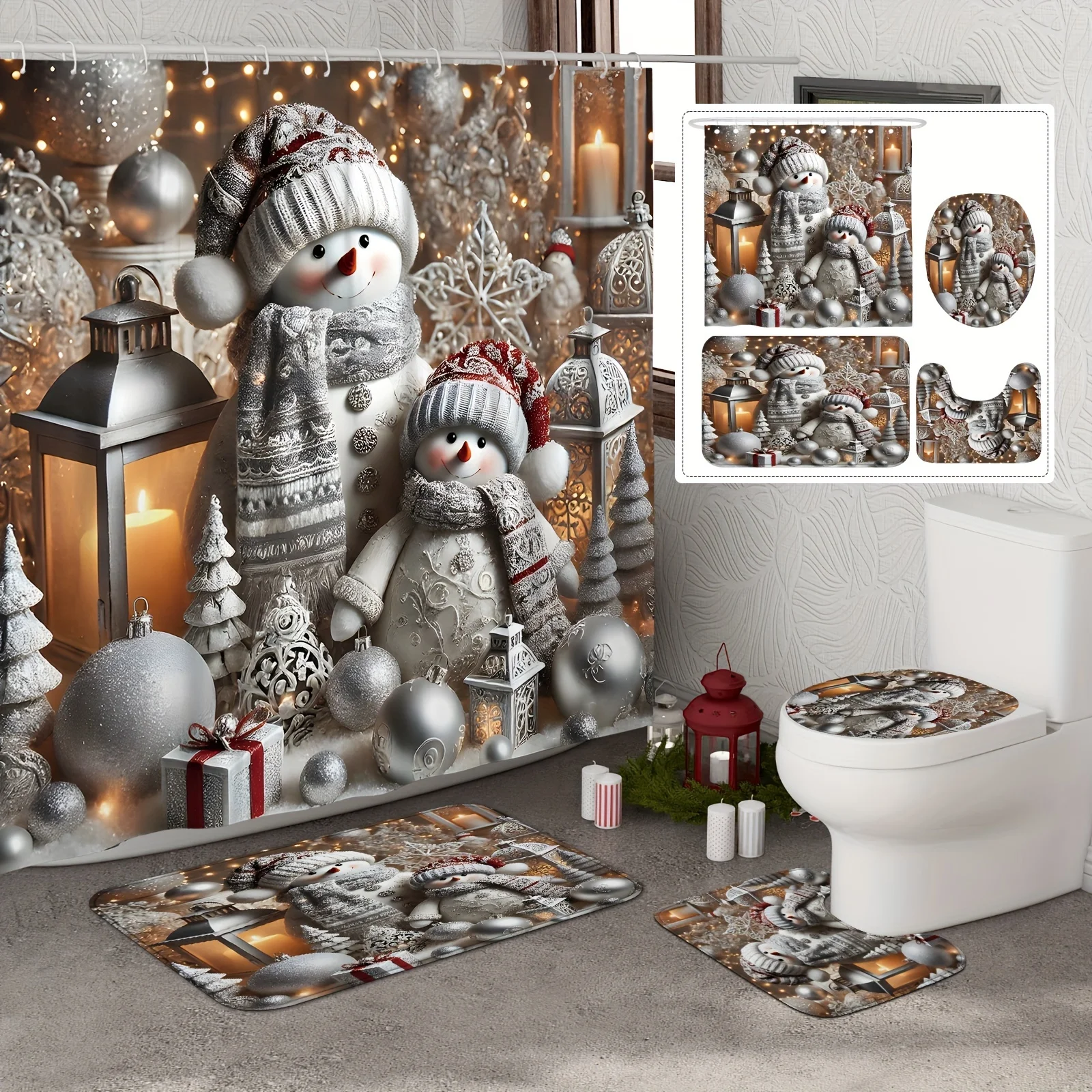 

4Pcs Xmas Winter Snowman Bath Set, Red White Shower Curtain & Mat, 12 Hooks, Non-Slip Bath Mat, U-Shaped Toilet Cover
