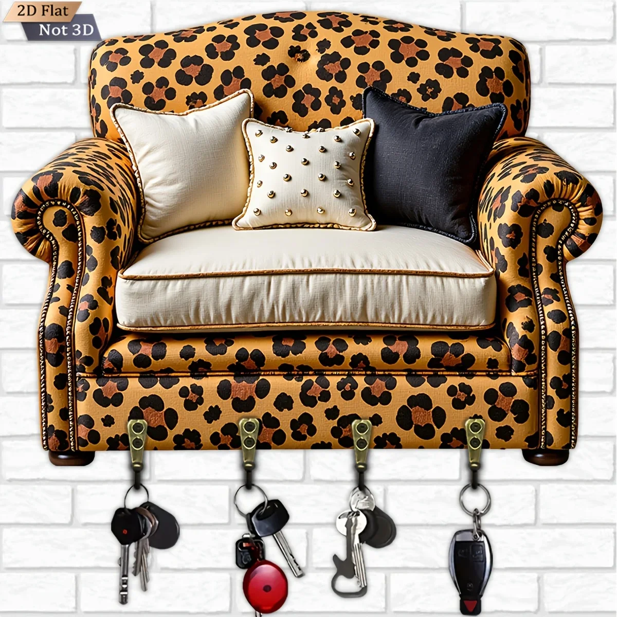 2D Flat, 1pc, Leopard Print Key Hook Wooden Multifunctional Home Key Rack with Four Metal Hooks, Wall Decoration, Porch