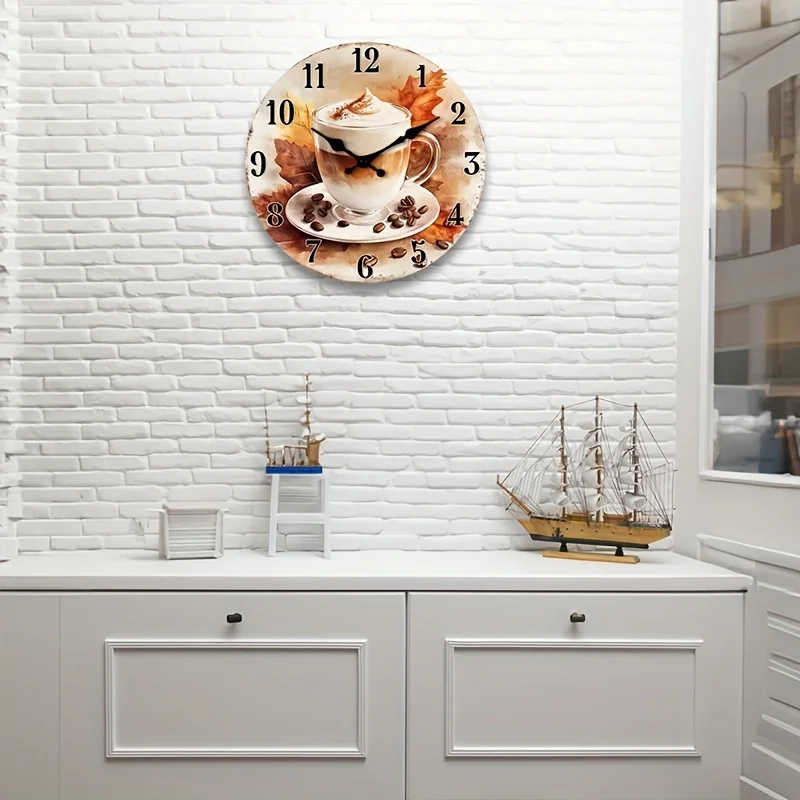 1pc of a Non-Ticking Wooden 2D Flat Wall Clock Featuring a Circular Design with Autumn Coffee And Leaves, Suitable for The Living Room, Bedroom, Kitchen, Entryway, Or Office, Available in Sizes 25.4cm, 30.48cm, 35.56cm, And 40.64cm (Battery Not Included)