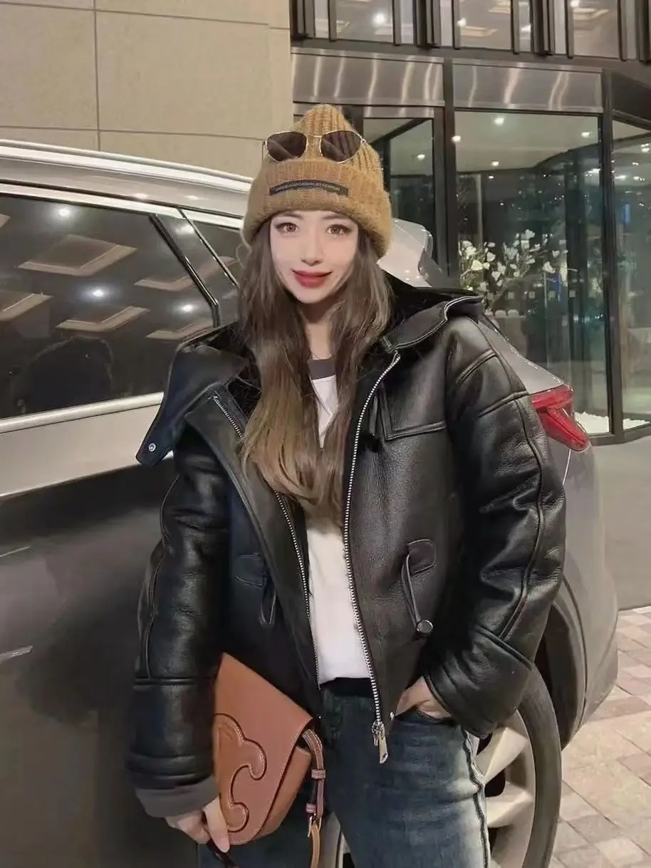 Autumn Winter Niche Unique Chic Top French Small Fragrant Celebrity Design Sense Korean Hooded Leather Jacket Short Coat Women