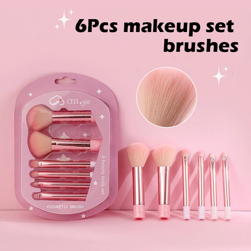 

6PCS Peach Powder Mini Long Tube Makeup Brush Portable Ultra Soft Eye Shadow Brush Set