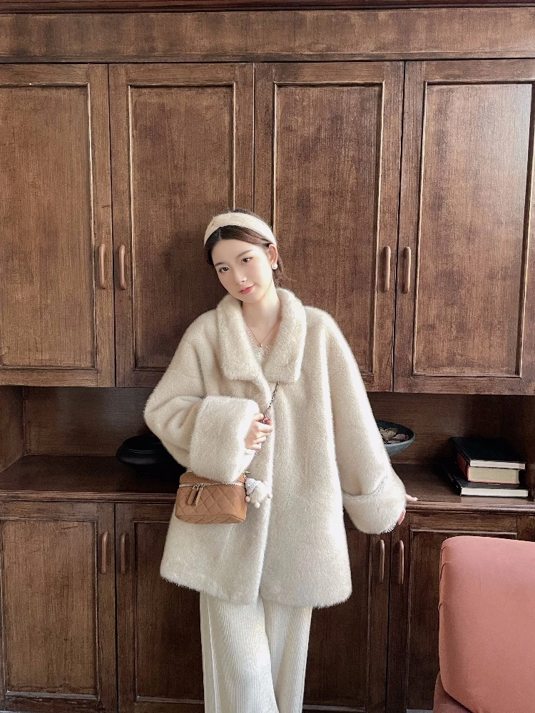 

Mobai Vintage Two-color Thiened Loose Women's Mink Fur Coat Winter Warm Ele Sensation Long Sve Collar Jaet