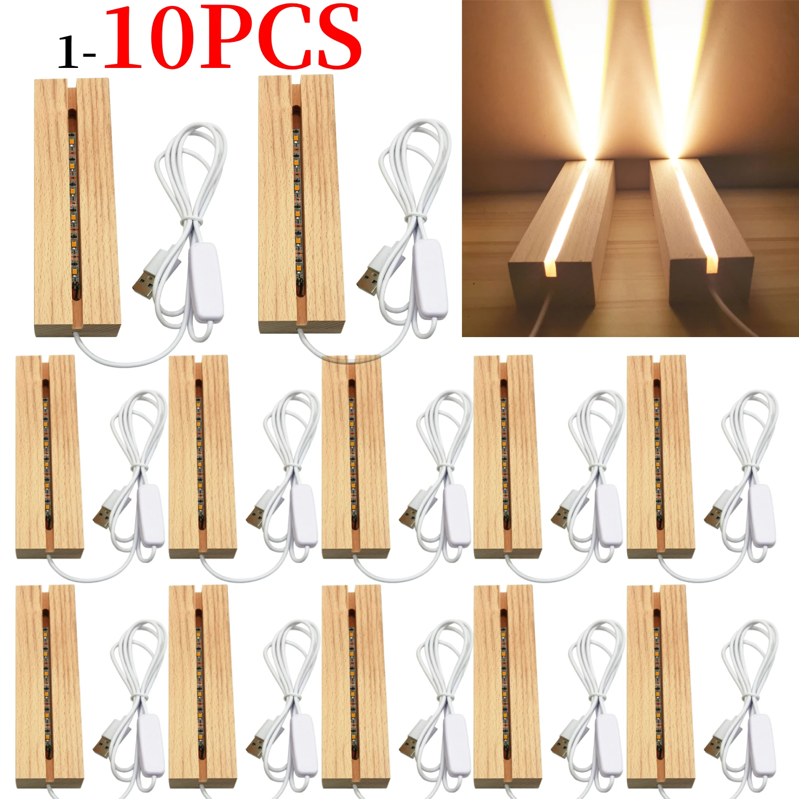 1-10pcs LED Wood Light Display Crystal Wooden Lighted Base Stand Acrylic Light Plate Base USB Wooden Base for Resin Art Lights