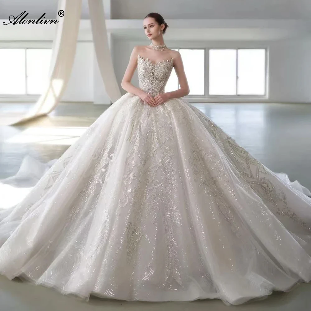Alonlivn Custom Made Luxurious Embroidery Ball Gown Puffy Wedding Dresses Beading Pearls Uniquite Lace Sweetheart Bride Gowns