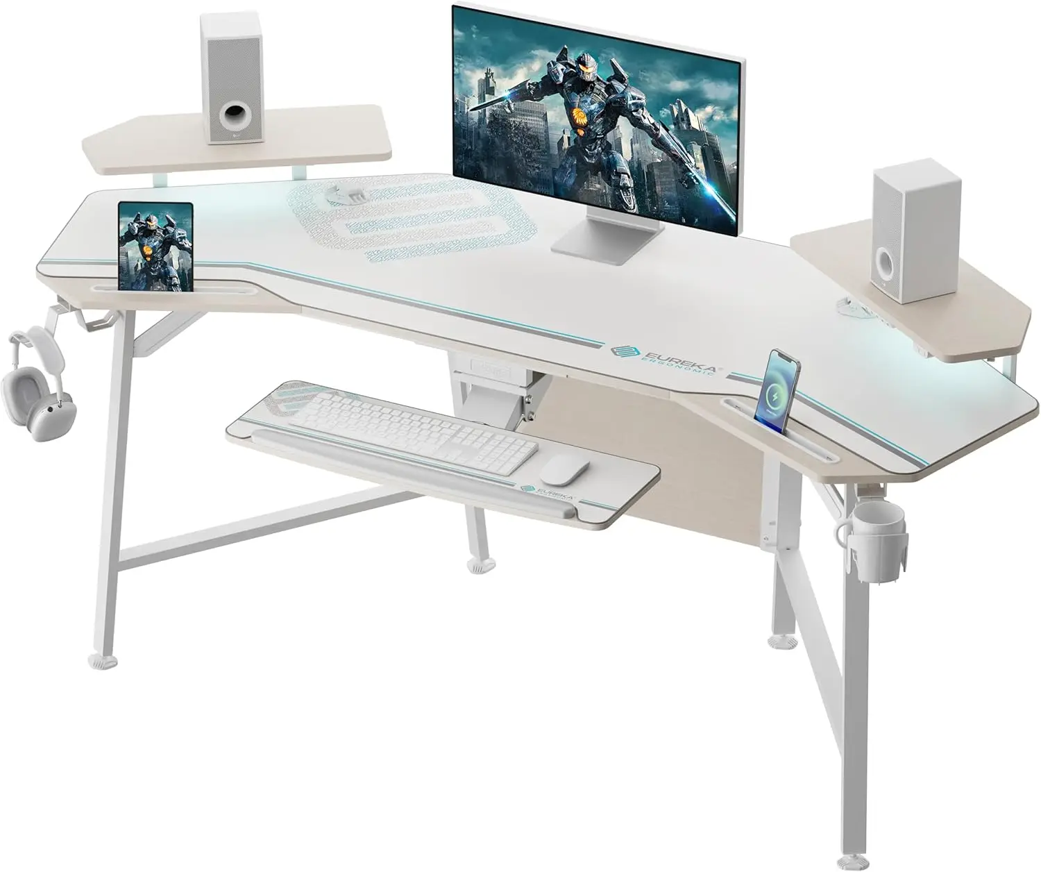 

EUREKA ERGONOMIC 72" Computer Desk W Keyboard Tray, Wing-Shaped Music Studio Desk, Large Gaming Desk W LED Convertible Monitor S