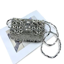 Hollow Out Design Metal Silver Acrylic Flower Beaded Crossbody Bag Women Hand-woven Small Evening Bag Dinner Party Clutch Purse