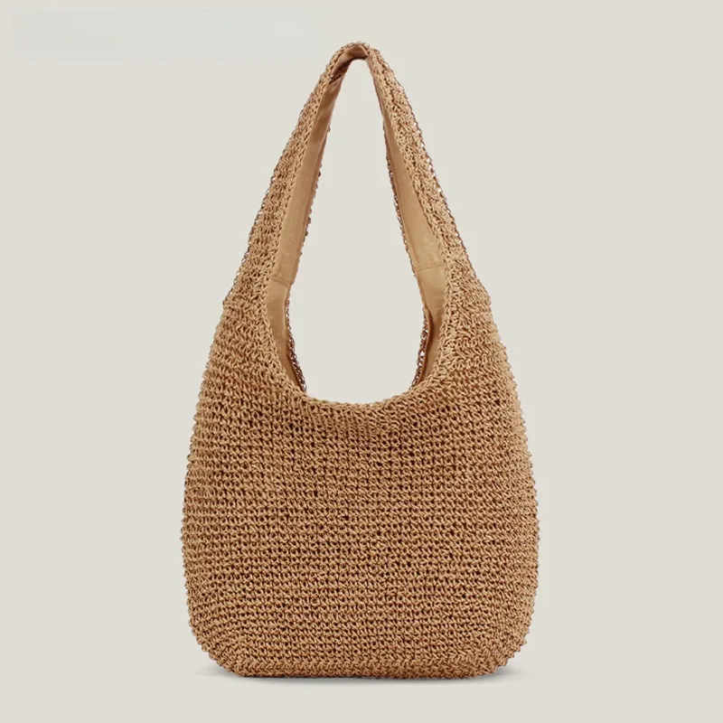 Bohemian-Style Handgewebte Stroh-Hobo-Tasche, Leichte Strandtasche mit Großer Kapazität für Damen-Sommerausflüge Schultertasche – Detail 4
