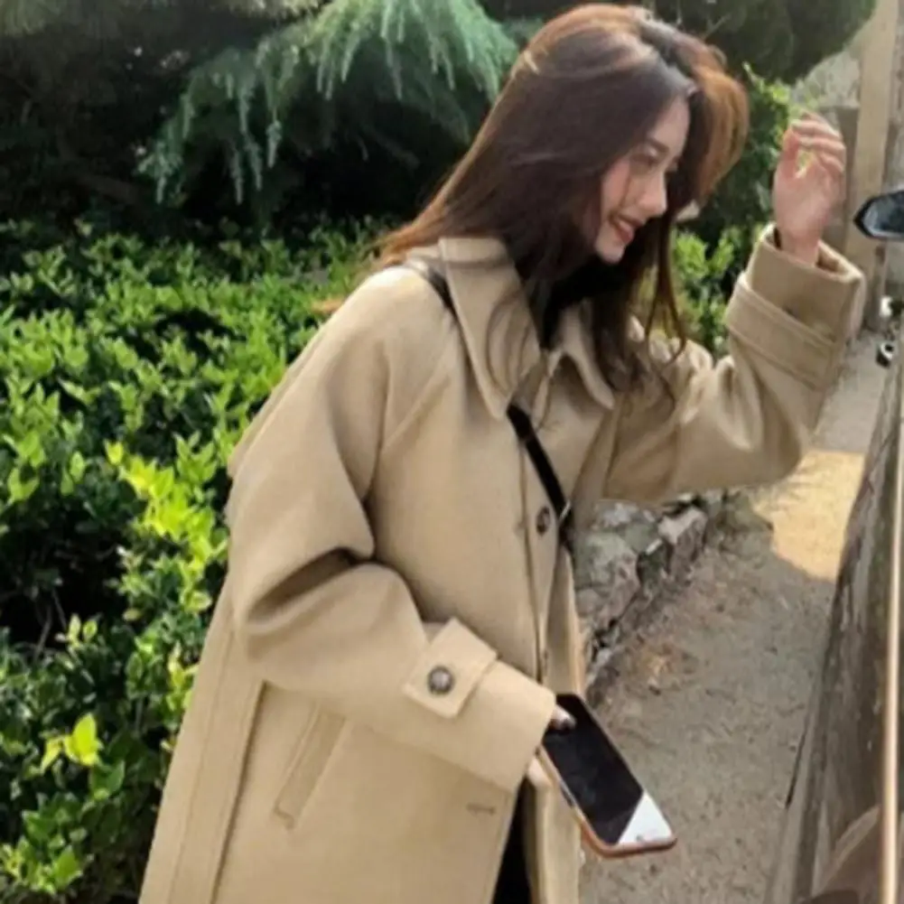 Fall Winter Women Jacket with Belt Thick Loose Turn-down Collar OL Commuting Jacket Single-breasted Mid Length Korean Style Over