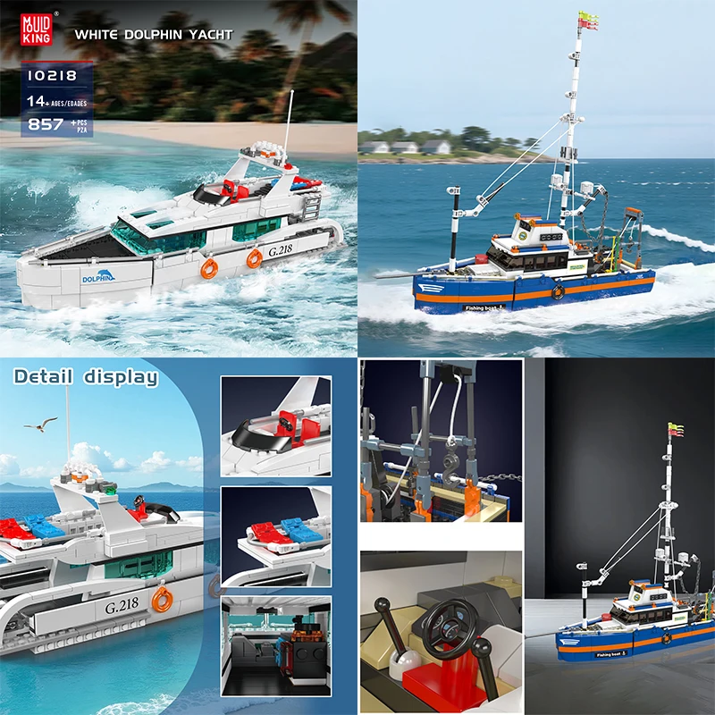 Moldeking navios série blocos de construção barco pesca iate modelo tijolos montagem brinquedos crianças presente aniversário criativo 10185 10218