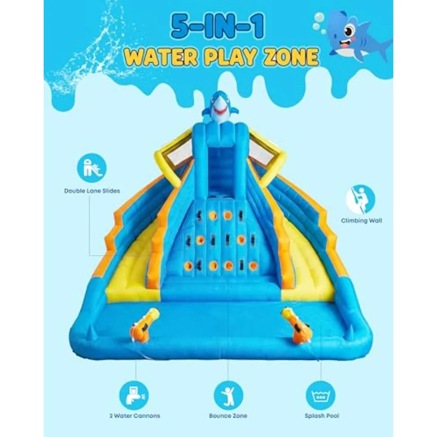 Backyard kids inflatable bounce house water park: PVC, blue/red, 13ft double lane slide with splash pool, climbing wall, water view 3