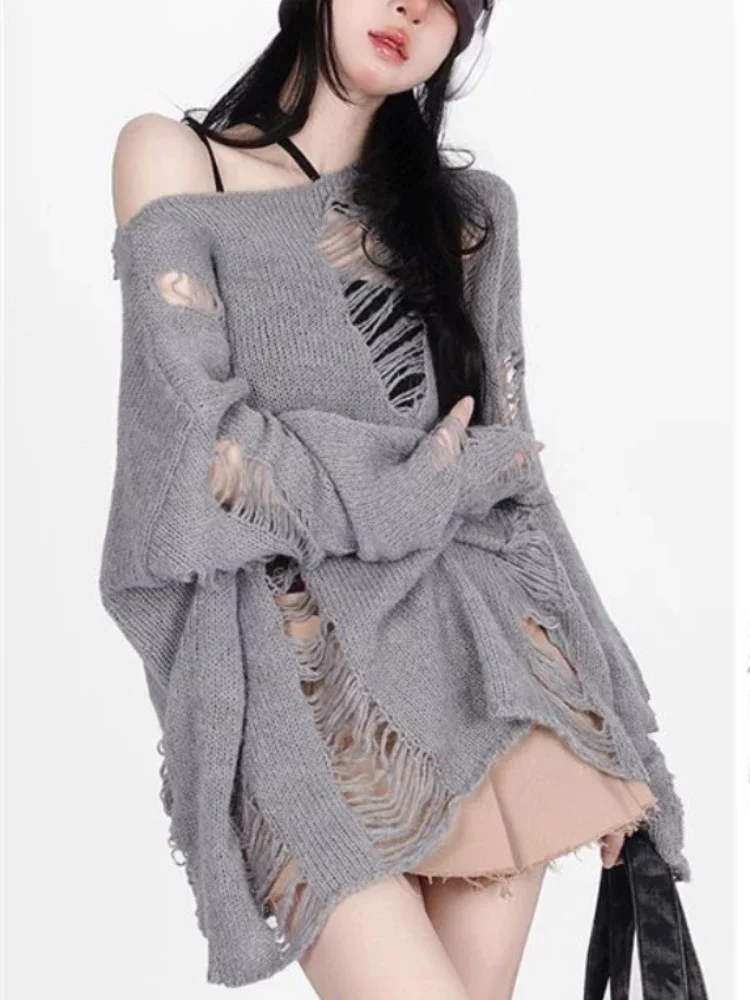 Women's Oversized Knitted Sweater, Gothic Streetwear, Harajuku Vintage Jumper, Hollow Out, Long Sleeve Tops, Y2K Clothes