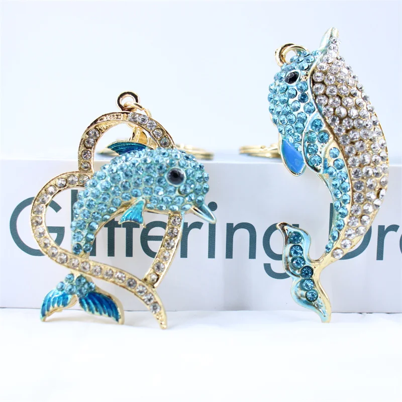 Trendy Blue Dolphin Crystal Rhinestone Keychains Cartoon Marine Animals Enamel Key Rings Kawaii for Fashions Women Girl Jewelry