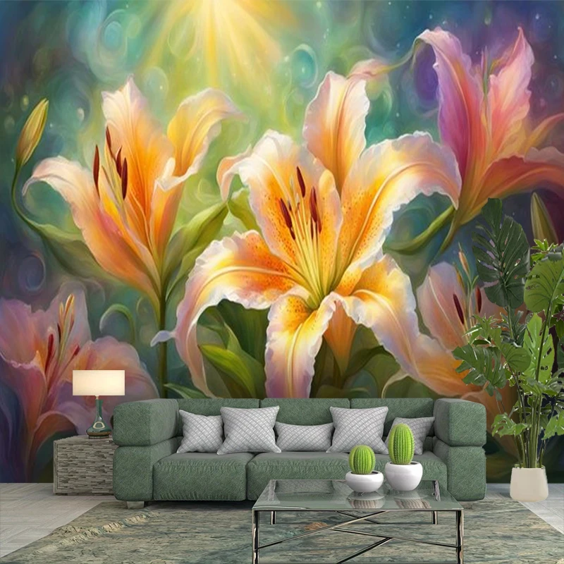 1PC Colorful Lily Flower Oil Painting Print Backdrop Banner, Bedroom Living Room Photo Background, Polyester, Home Decor, Wall A