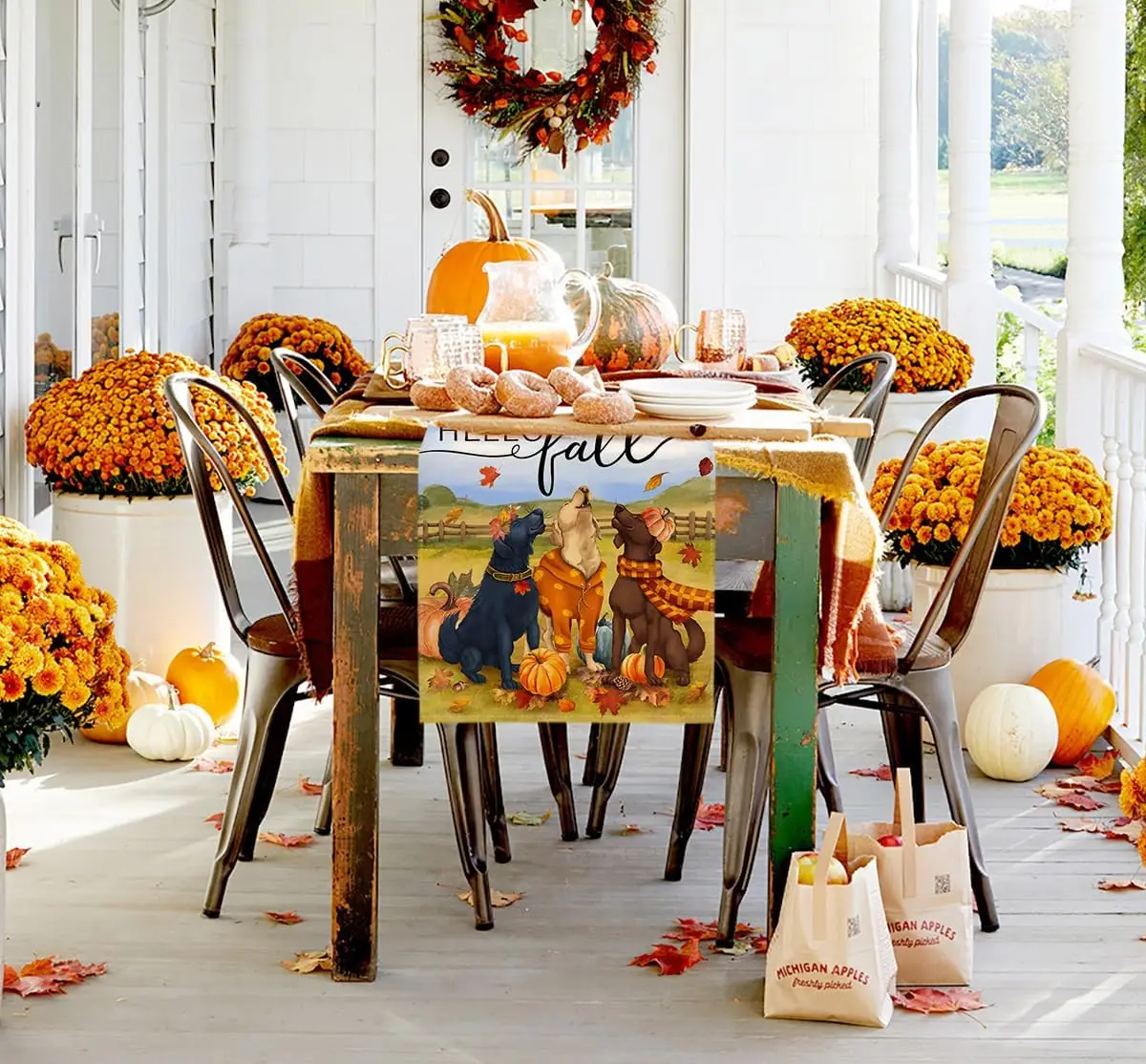 Fall Dog Pumpkin Maple Leaves Linen Table Runners Autumn Thanksgiving Dresser Scarf for Holiday Kitchen Party Dining Table Decor