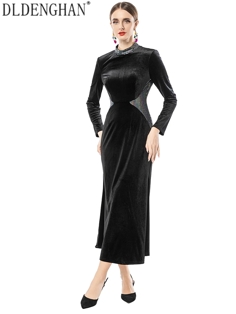 DLDENGHAN Elegant Black Velvet Dress with Diamonds Stand Collar Long Sleeve Mermaid Style Women Fashionable Party Wear Autumn
