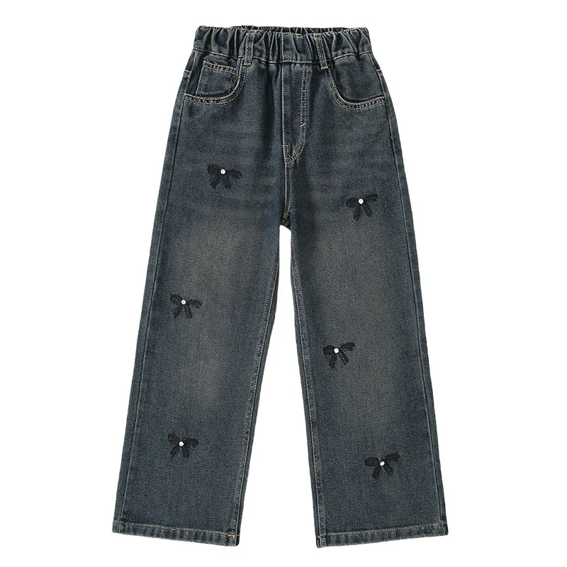 جينز أنيق للأطفال لشتاء 2025 مبطن بالصوف مع فيونكات للفتيات سراويل حرارية سميكة سراويل عازلة للأطفال في الشارع