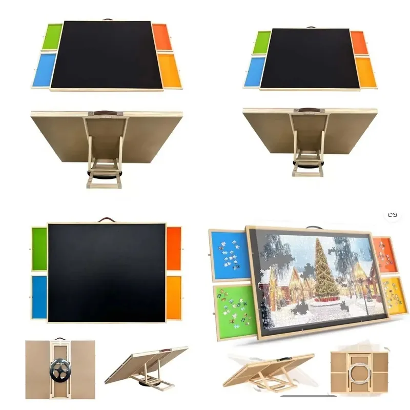 Wooden Puzzle Table Dual Purpose Portable Tiltable Rotating Board Two in One