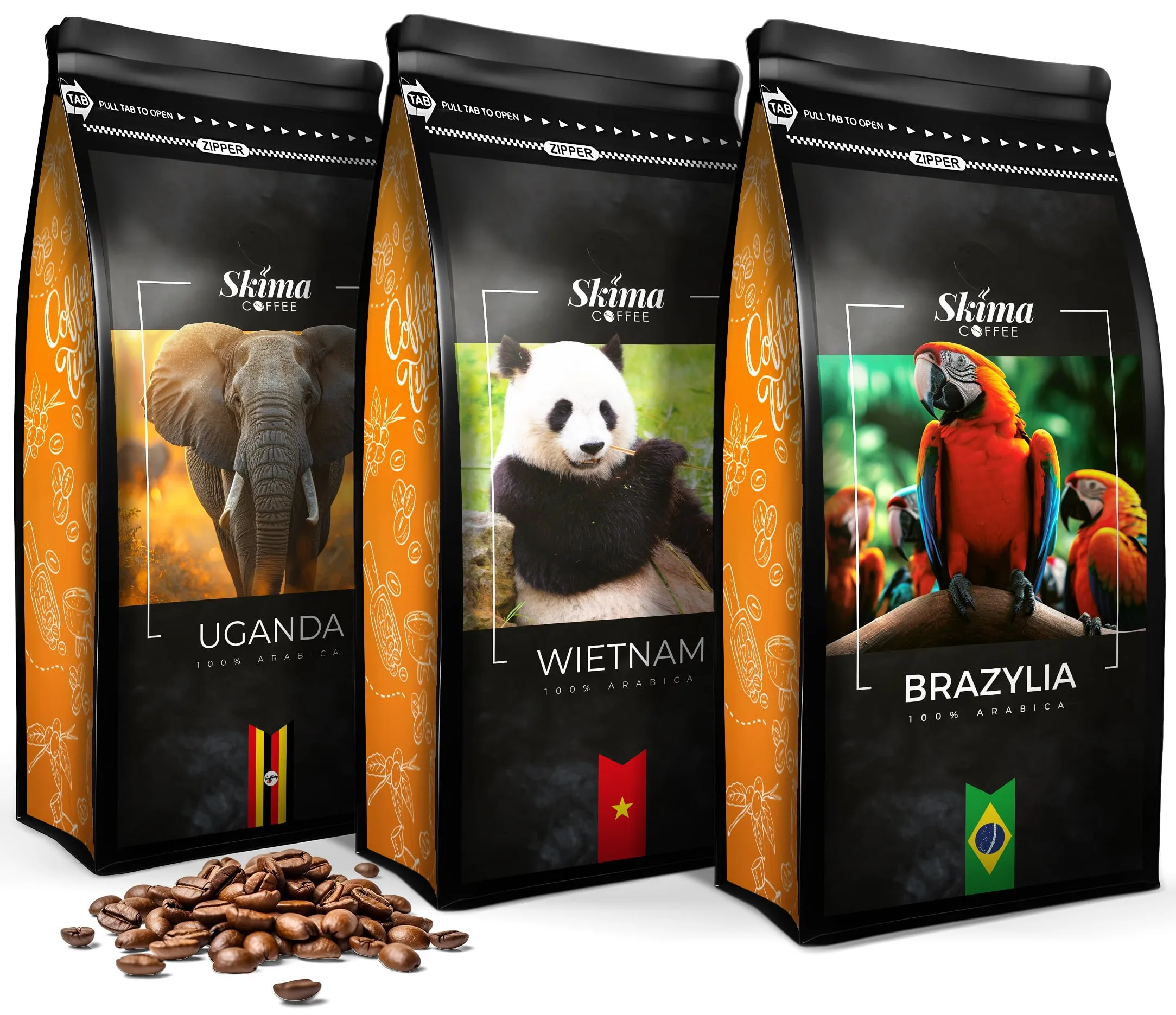Kawa ziarnista 3x1kg BRAZYLIA/WIETNAM/UGANDA 100% ARABICA Świeża + GRATIS
