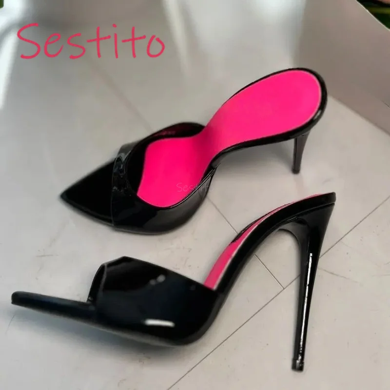 

Ladies' High-Heeled Slippers Fashionable New Style Color Blocking Design Pointed and Simple Style Slim High-Heeled Shoes