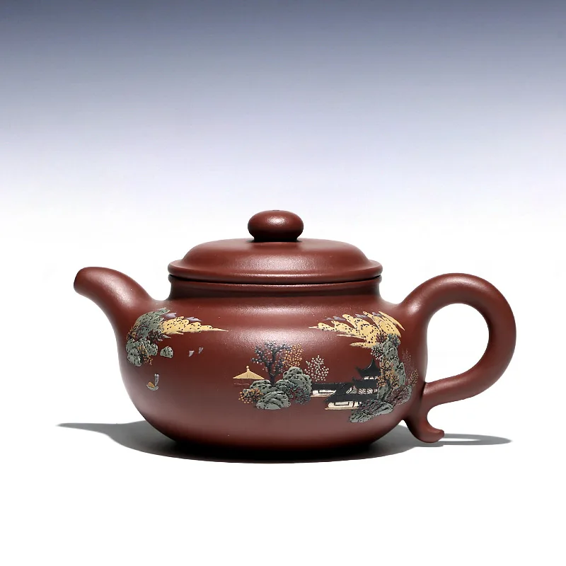 

【 Changtao 】 Yixing Purple Clay Pot Fully Handmade Tea With Mulberry And Brocade Red Painting Antique 320cc