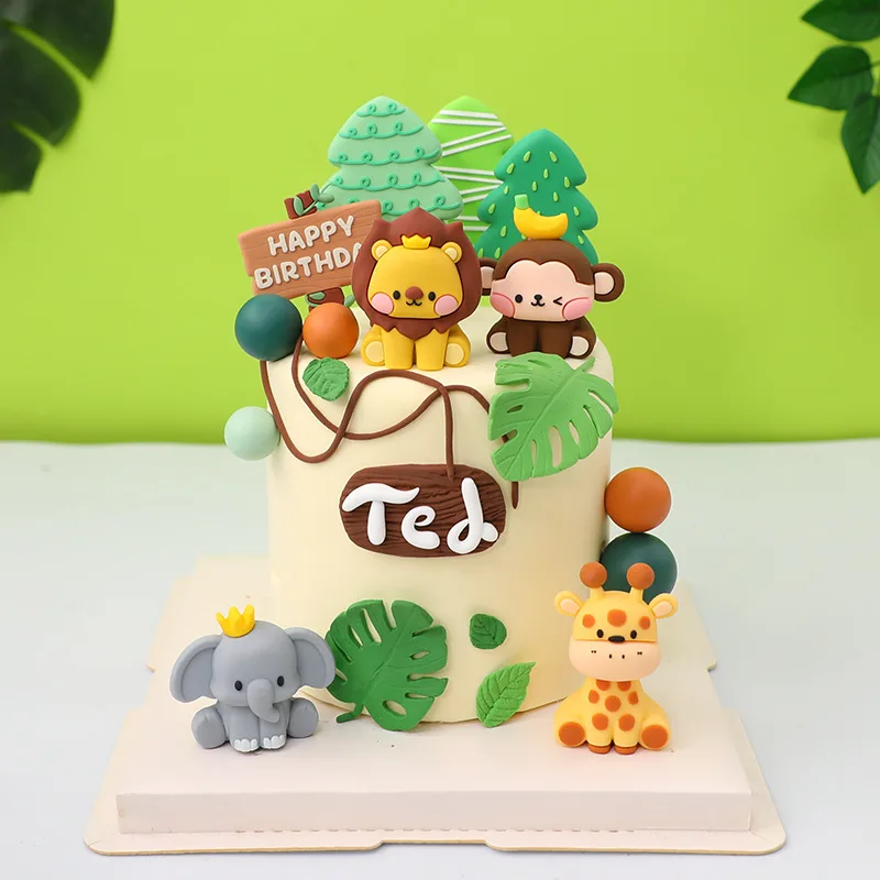 Cake Topper Cartoon Animal Soft Rubber Doll Mori Tree Road Sign Children's First Birthday Baptism Gender Reveal Cake Decoration