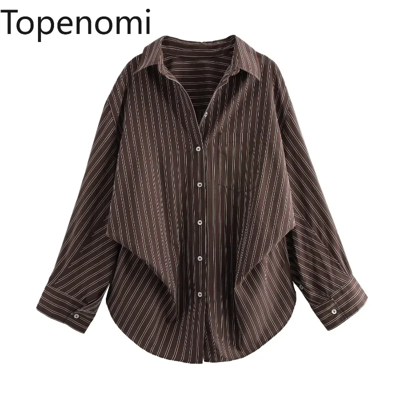 Topenomi camisas listradas femininas moda francesa lapela solta batwing manga bouse 2025 outono todos os jogos escritório senhoras topos blusas