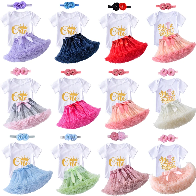 

3Pcs Set Baby Newborns Baby Girl Birthday Set Letter Printed Top +Tulle Mesh Skirt + Bow Headband Clothes for Summer Wear 3-18M