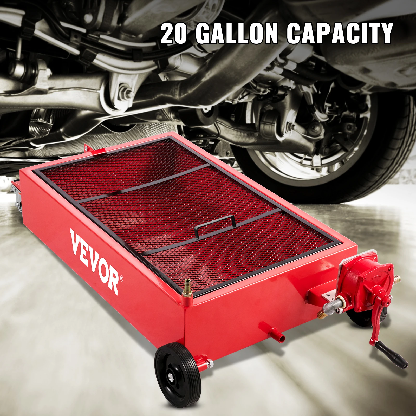 VEVOR Oil Drain Pan 20 Gallon Tank Low Profile Large Capacity Oil Change Pan Foldable Hand with Pump Hose Swivel Casters Wheels