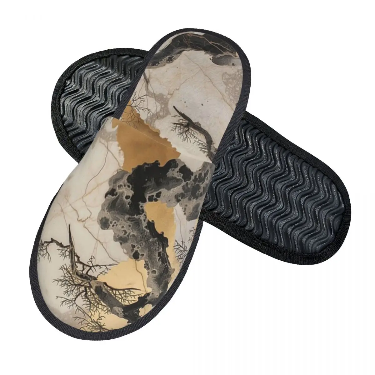 Custom Marble Veins Black And White Golden Slippers Memory Foam Warm Soft Women House Slipper Bedroom Fluffy Shoes