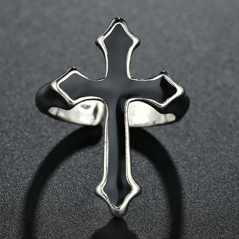1PC Punk Vintage Black Big Cross Open Ring For Women Party Jewelry Men Trendy Gothic Gold Silver Color Finger Rings Anillo