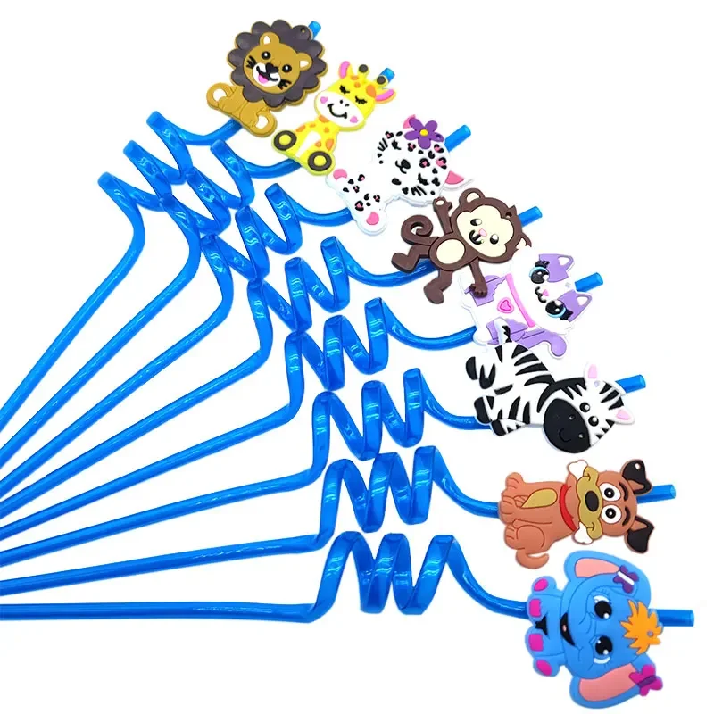 8pcs 26cm Jungle Animals Reusable Plastic Helical Drinking Straws Elephant/dogs/lion/giraffes Straw Kids Birthday Party Decor