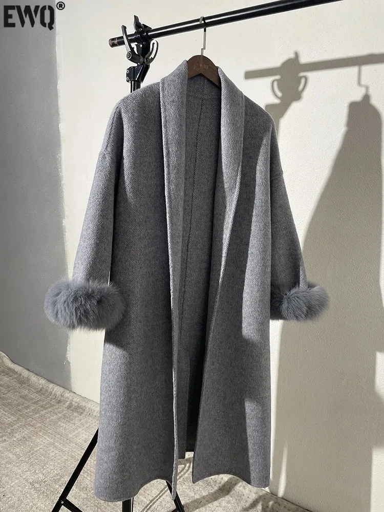 

[EWQ] 100% Wool Thick Warm Gray Long Woolen Coats Women 2023 Autumn Winter New Double-sided Jacket Big Size Overcoats 23A4493