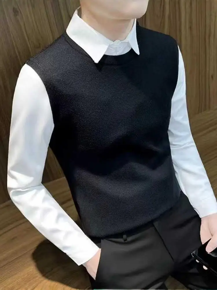 

Busin Casual Men's Knitted Sweater irt Collar Slim Fit Two-Piece Set Base Layer Autumn Winter Faion Comfortable Top