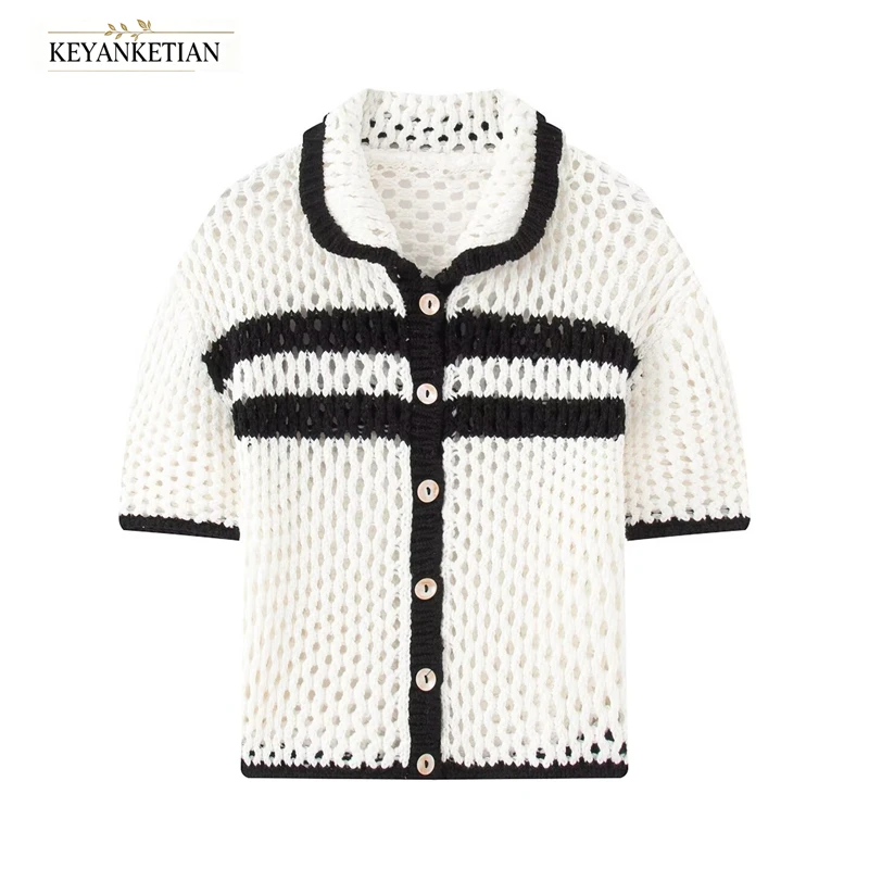 KEYANKETIAN 2026 Lapel Hollow Knit Short Sleeve Cardigan Black White Striped Mesh Button Down Women Summer Cropped Knit Top