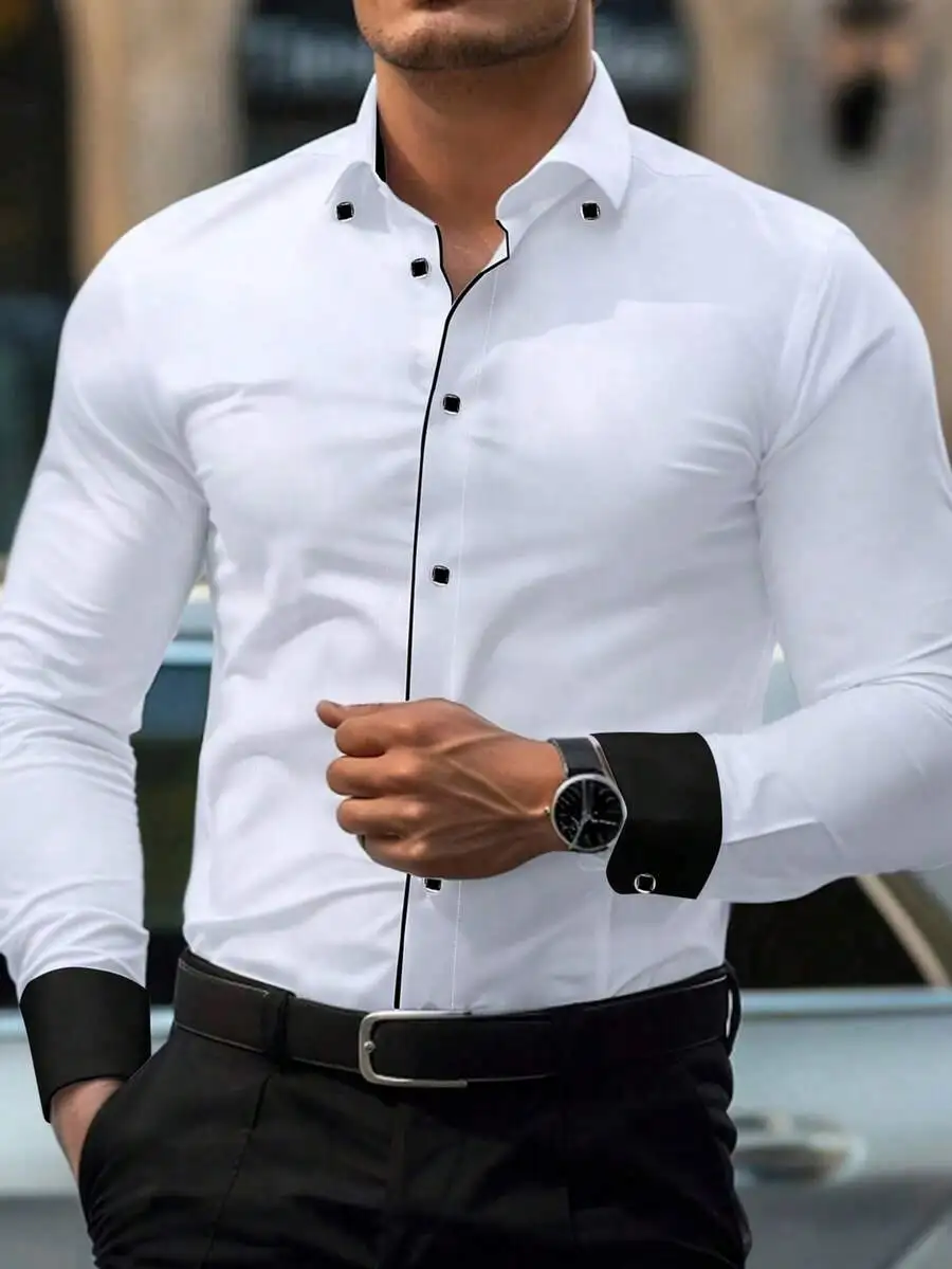 

Men's White Long Sleeve Single-Breasted Casual Dress Shirt with Black Trim