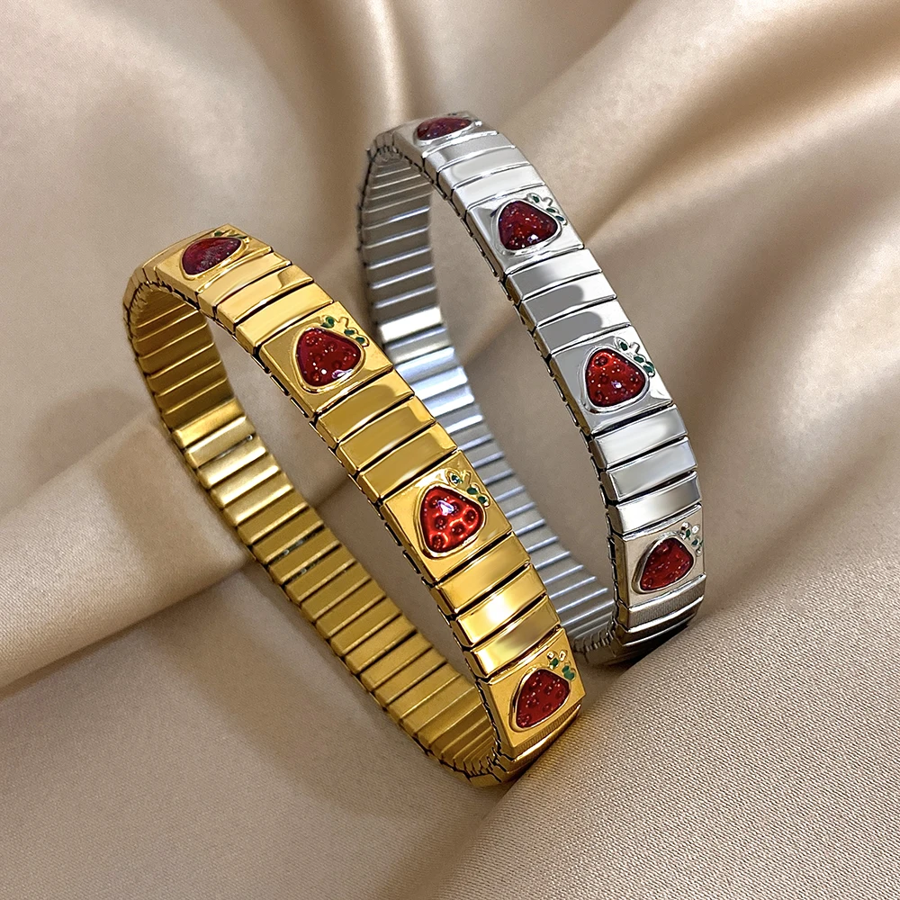 Stainless Steel Elastic Bracelet Bangle for Women Men Red Enamel Strawberry Cherry Bracelet Classic Watch Chain Golden Jewelry