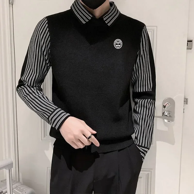 Korean Cultivate Oneself Polo Shirt Autumn Golf Wear Men 2024 Luxury Brand Golf Sweater Fashion Fake Two Items Casual Golf Knit