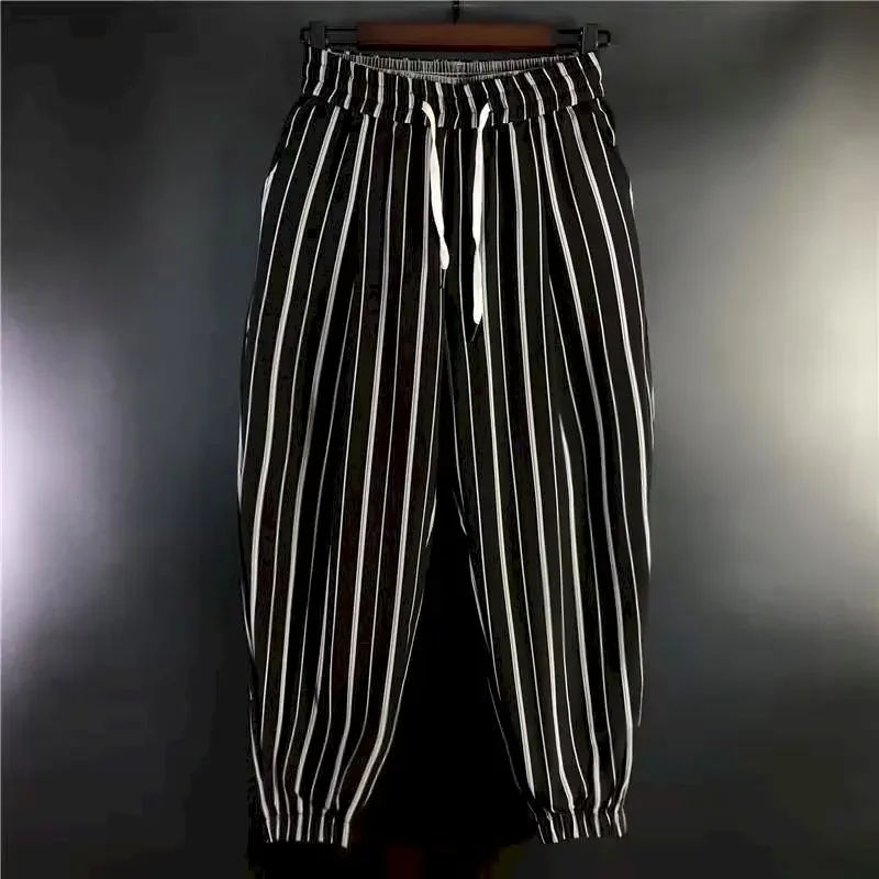 Women's Cropped Trousers Summer Striped Harem Trousers Loose Casual Pants Men Korean Feet Personality Fashion Wild Foot Pants