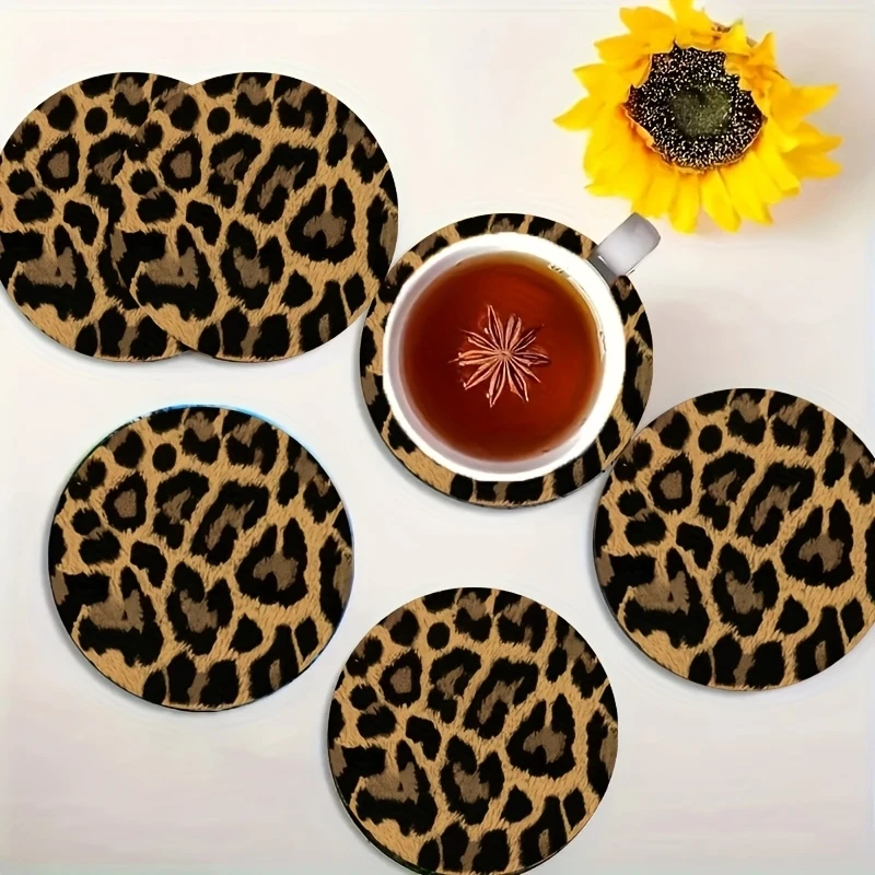 6 Pieces Wooden Leopard Print Coasters 2D Art Coasters Heat Resistant Mug Coasters for Home and Cafe Art Craft Supplies