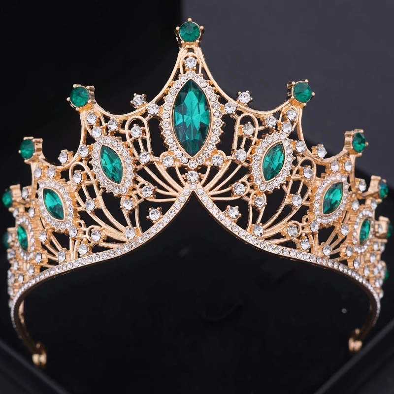 الأخضر كريستال تيارا تاج الأميرة حفلة موسيقية التيجان والتيجان النساء الإكليل الزفاف الزفاف إكسسوارات الشعر مجوهرات خوذة