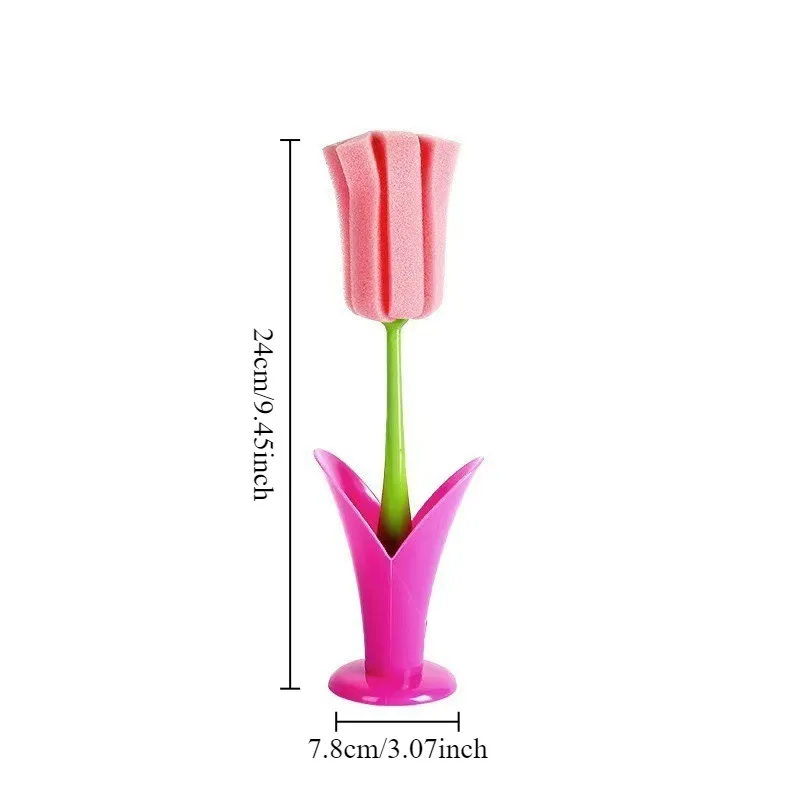 1PC Tulip Shape Long Handle Mug Cleaning Brush with Base Removable Sponge Replacement Head Mug Brush Mug Washers