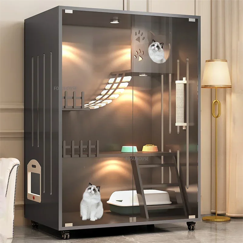 Home Indoor Cattery Cat House Waterproof Moisture-proof Cats Cabinet Large Space Luxury Cat Villa Transparent Glass Cat Cages M